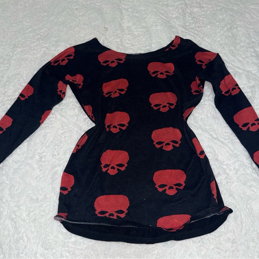 Black Long Sleeve Top with Red Skull Print - Women's Tee